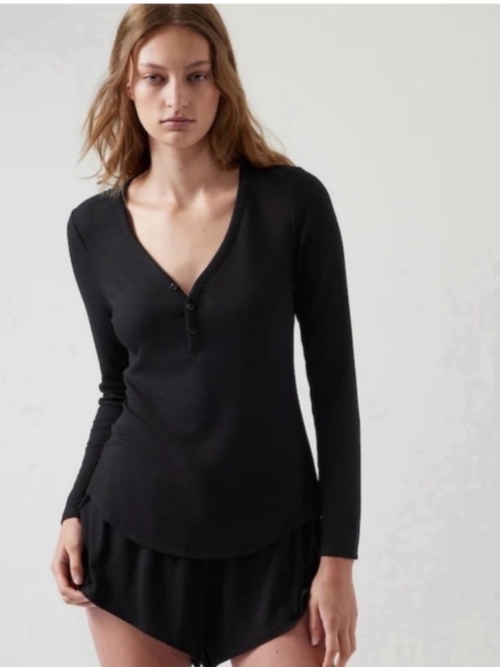 Athleta Black Ribbed Long Sleeve Henley